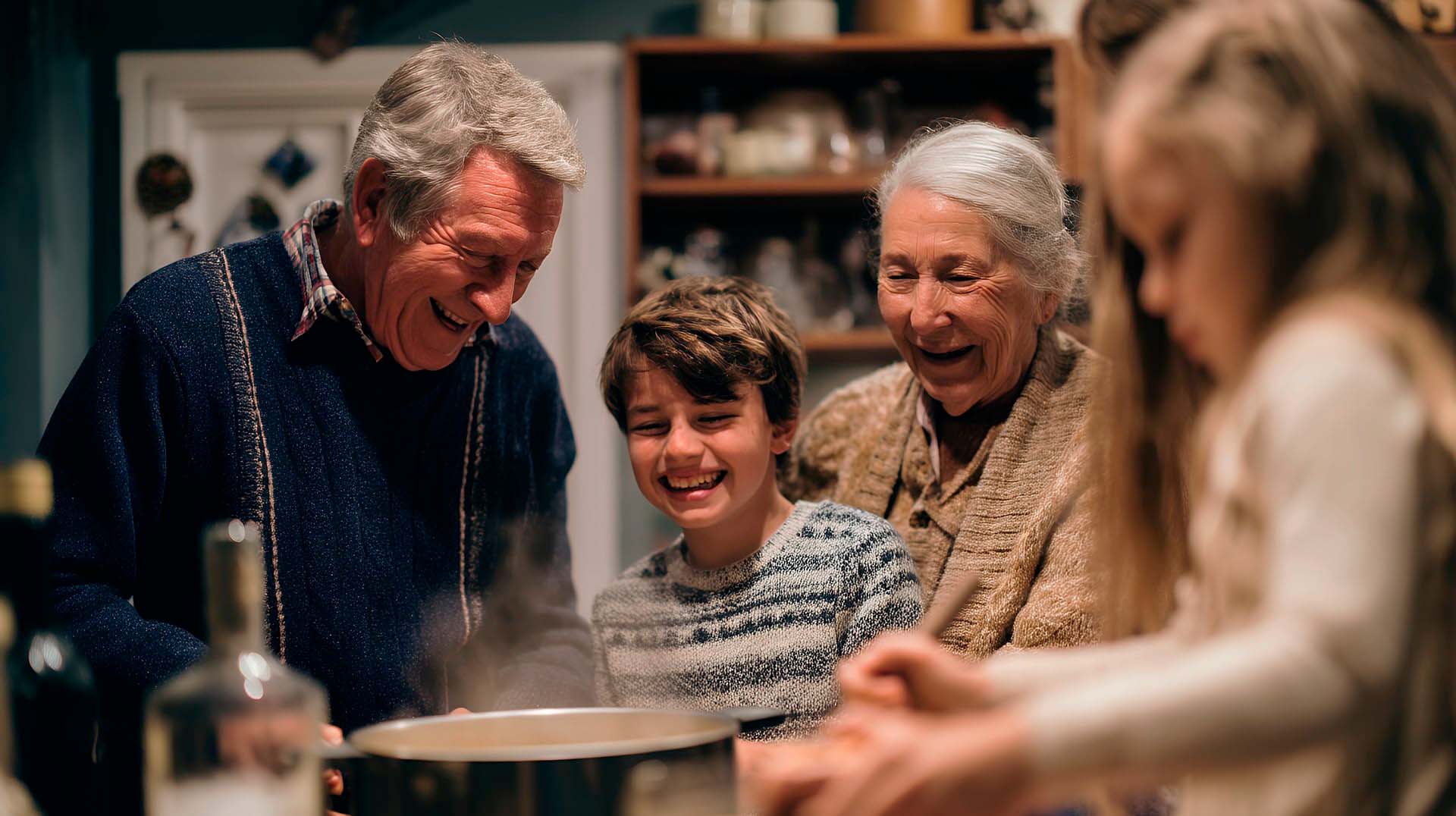 Unos abuelos cocinan felices junto a su hija y sus nietos.